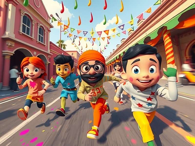 Vibrant Holi Race - Main Gameplay Screenshot Vibrant Holi Race gameplay showing colorful characters running through a Holi celebration with gulal and music