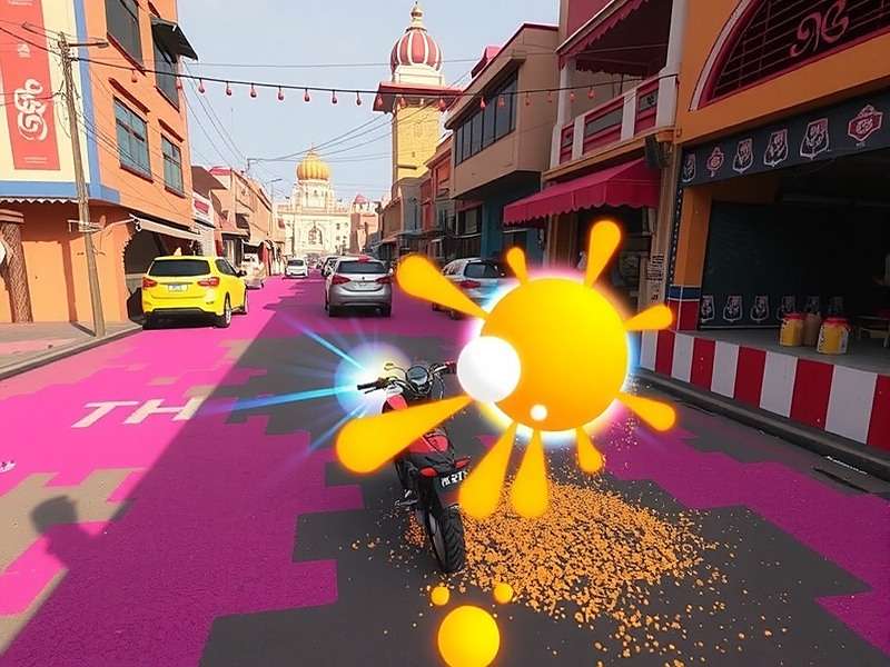 Vibrant Holi Race - Rang Explosion Strategy Vibrant Holi Race gameplay showing a player using Rang Explosion to clear obstacles in the Amritsar Market environment