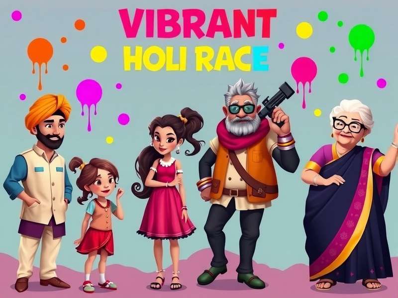 Vibrant Holi Race playable characters including a Punjabi youth, a Bengali girl, a Rajasthani man, and a South Indian grandmother